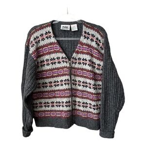 Northern Reflections Womens Fair Isle 100% Wool Full Zip Sweater Gray Nordic Vtg